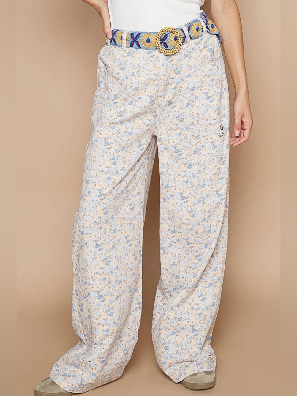 POL Floral Print Twill Distressed Wide Leg Denim Jeans